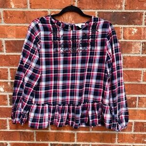 Beach Lunch Lounge Womens Large Plaid Embroidered Keyhole Long Sleeve Blouse